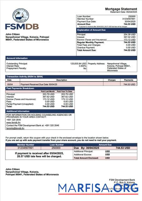 Blank Micronesia FSM Development Bank mortgage statement Word and PDF template